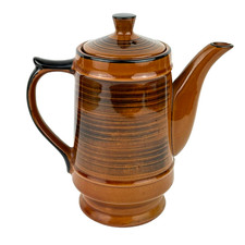 Vintage Japan Tea Coffee Pot Ceramic Brown Banded Pattern with Lid MCM picture