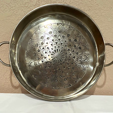 Silver Tone Metal Round Serving Tray with Handles Floral Pattern picture