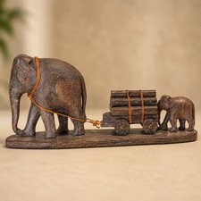 Vintage Handcrafted Burmese Teak Wood Elephant Mother Calf Log Cart Figurine picture