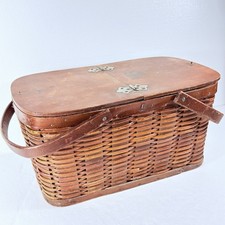 Antique Hawkeye Wooden Wicker Refrigerator Picnic Basket with Tin Insert Vintage picture