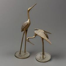 Solid Brass Set Of Cranes/Herons Vintage 12” Tall Standing & 8” Winged picture