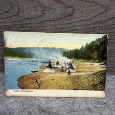 1908 Indian Encampment Postcard Columbia PA Hand-Colored River Scene Teepees picture