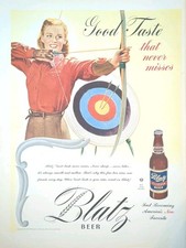 1945 Blatz Beer Print Ad, Lady Shooting Archery Target picture