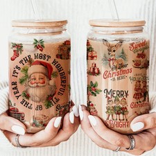 Vintage Christmas Glass Tumbler 17oz Bamboo Lid Straws Holiday Fun Gifts for Her picture