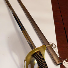 Antique. 19th Century French CAV.Ornate Brass-Hilt Saber Leather Grip & Scabbard picture
