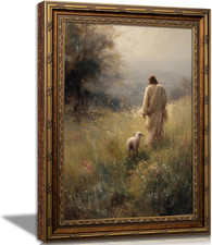 The Lost Sheep Jesus Canvas Print Vintage Gold Framed,Painting for Home & Church picture