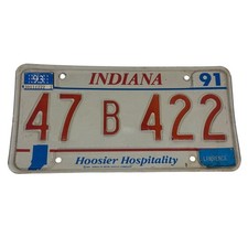 Indiana License Plate Vintage 1991 1993 Hoosier Hospitality Lawrence County Red picture