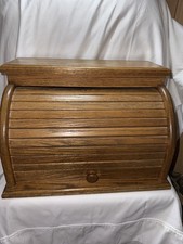 Vintage Bread Box Farmhouse Cottage Kitchen Storage Roll Top Oak Wood Amish Made picture