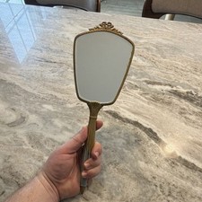Vintage Art Deco Ornate Gold-Tone Hand Mirror Green Back Cameo Detail picture