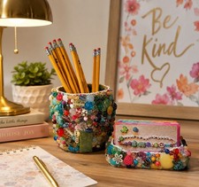 Handmade Colorful Beaded Pencil Holder & Business Card Holder Desk Organizer Set picture