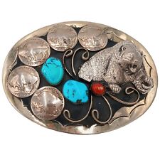 Grizzly Bear Buffalo Nickels Belt Buckle Turquoise Coral Western Rockabilly Bike picture