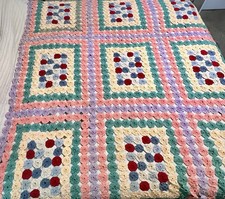 Antique Large Yo-yo Quilt-Coverlet, Pink Green Purple Blue 74”x 86” Pretty picture