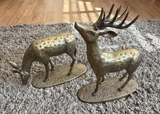 Brass Deer (2) Vtg Mid Century Modern Spotted Buck & Doe Reindeer Christmas 12” picture