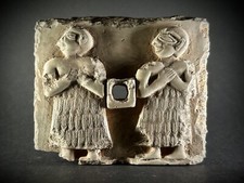 LARGE ANCIENT N-EASTERN STONE CARVED PLAQUE - BALD FIGURES IN DECROTIVE CLOTHING picture