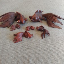6 VTG Asian Cherrywood Hand Carved Bubble Eye Goldfish Koi picture