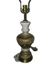 Tall Vintage Glass Hollywood Regency MCM Mid Century Table Lamp Gold White picture