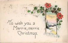 Christmas greeting - Merrie Christmas, poinsettias - Antique Postcard - 1918 picture