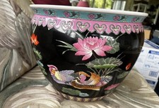 VNTG Chinese Famille Noire Fishbowl Planter MandarinDucks Goldfish MCM Handpaint picture