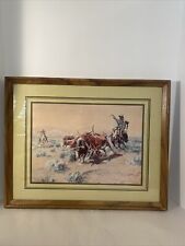 CHARLES M. RUSSELL WESTERN Cowboy Art Print W/ Wood Frame 20 1/4” X 16 1/4” picture