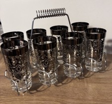 Vintage Kimiko Silver Knight Set 8 Highball Glasses Wire Caddy MCM Barware  picture