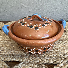 Vintage Mexican Pottery Lidded Dotted Pot - Mini Cazuela de Barro picture