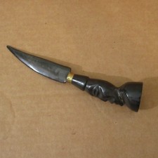 Vtg Hand Carved Ebony Dark Wood Handle African Figural Face Knife Gold 8