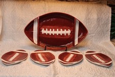 Football Snack Platter and (4) plates. Ceramic. 2004 Boston Warehouse Trading Co picture