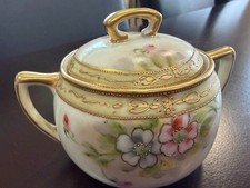 Antique Nippon Hand Painted Porcelain Lidded Sugar Bowl Moriage Wreath M Gold picture