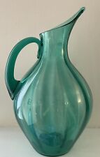 Large Vintage Blenco MCM Blue Green Optic Ribbed Pitcher 1960s picture
