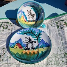 Vintage ITALY Hand Painted Pottery Donkey Mule Plate & Cup Set 7.75