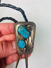 Vintage C31 Native American Zuni Dan Simplicio Leaf & Turquoise Nugget Bolo Tie picture