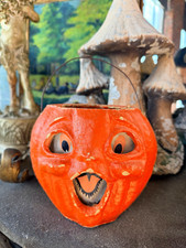 Vintage Papier Mache Halloween Jack-O-Lantern Pumpkin Candy Pail Bucket Orange picture