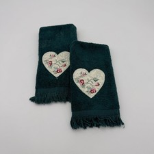 Hand Towels Vintage Cannon Teal Green Pair Heart Floral Embroidery Fringe USA picture