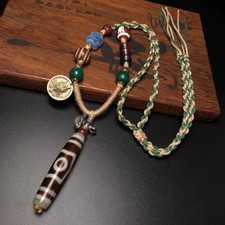 Rare Tibetan Buddhism Agate 3 Eyes Totem Dzi Bead Amulet Necklace Pendant G1371 picture