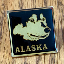 Vintage Alaska Lapel Pin Husky Sled Dog Enamel Souvenir Gold Black Square Badge picture