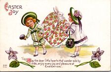 Easter Postcard Boy and Girl Carrying Giant Hat Box with Bunny Rabbit Inside picture