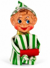 Vtg 1960s Rubber Face Knee Hugger Christmas Elf Pixie Green Striped Japan picture