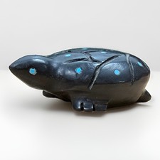 Vintage Zuni Black Onyx Turquoise Turtle Fetish Carving 30.15g picture