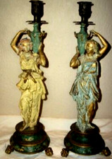 FRENCH Art Nouveau BRONZE Ladies CANDLE HOLDERS 1890s Chippy Paint 1890s ANTIQUE picture