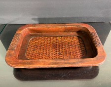 Vintage Distressed Wood Frame Rectangular Serving Tray Woven Rattan Cane 15