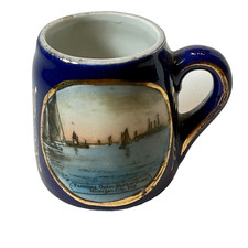 MICHIGAN CITY INDIANA Antique YACHT Souvenir Cobalt China Trinket CUP picture