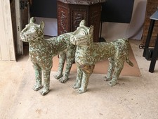 Vintage Large Pair West African Benin Leopard Cast Bronze Statues 26in picture