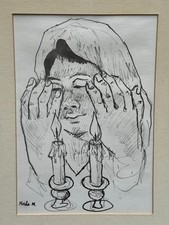 MOSHE M SIGNED ORIGINAL INK DRAWING JUDAICA JEWISH WOMAN PRAYING WITH CANDLES  picture