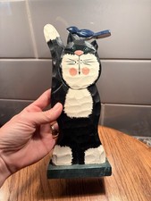 Adorable Vintage Hand-Carved Wood Tuxedo Cat with Bluebird picture