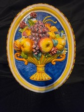 Italian Relief Majolica Faience Hand Painted Fruit & Floral Oval Wall Plaque 22
