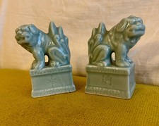 Vintage Celadon Foo Dogs Pair Chinese Guardian Lions Chinoiserie Ceramic picture