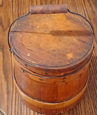 Antique 19thC Small Wooden Firkin Sugar Bucket Finger Lap Bands 1860-1880 picture