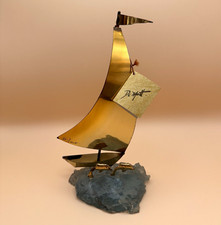 Vintage 1992 DeMott Collection Brass Sailboat Dolphin Wave Resin Base Signed Tag picture
