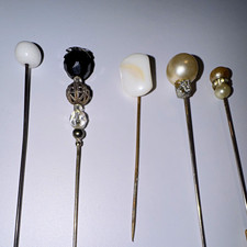 Lot of 5 Vintage Metal & Glass Hatpins Stick Pins, Faux Pearl Assorted Tops picture