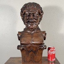 Antique 1800's Hand Carved Solid Walnut Bacchus Dionysus Satyr Bust or Statue picture